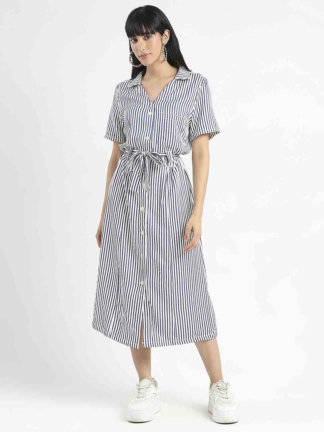 Madame Striped Navy Blue Midi Shirt Dress
