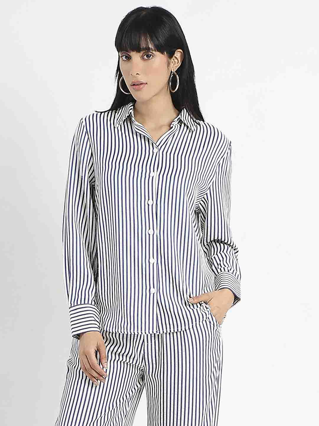 Madame Striped Navy Blue Cotton Blend Shirt