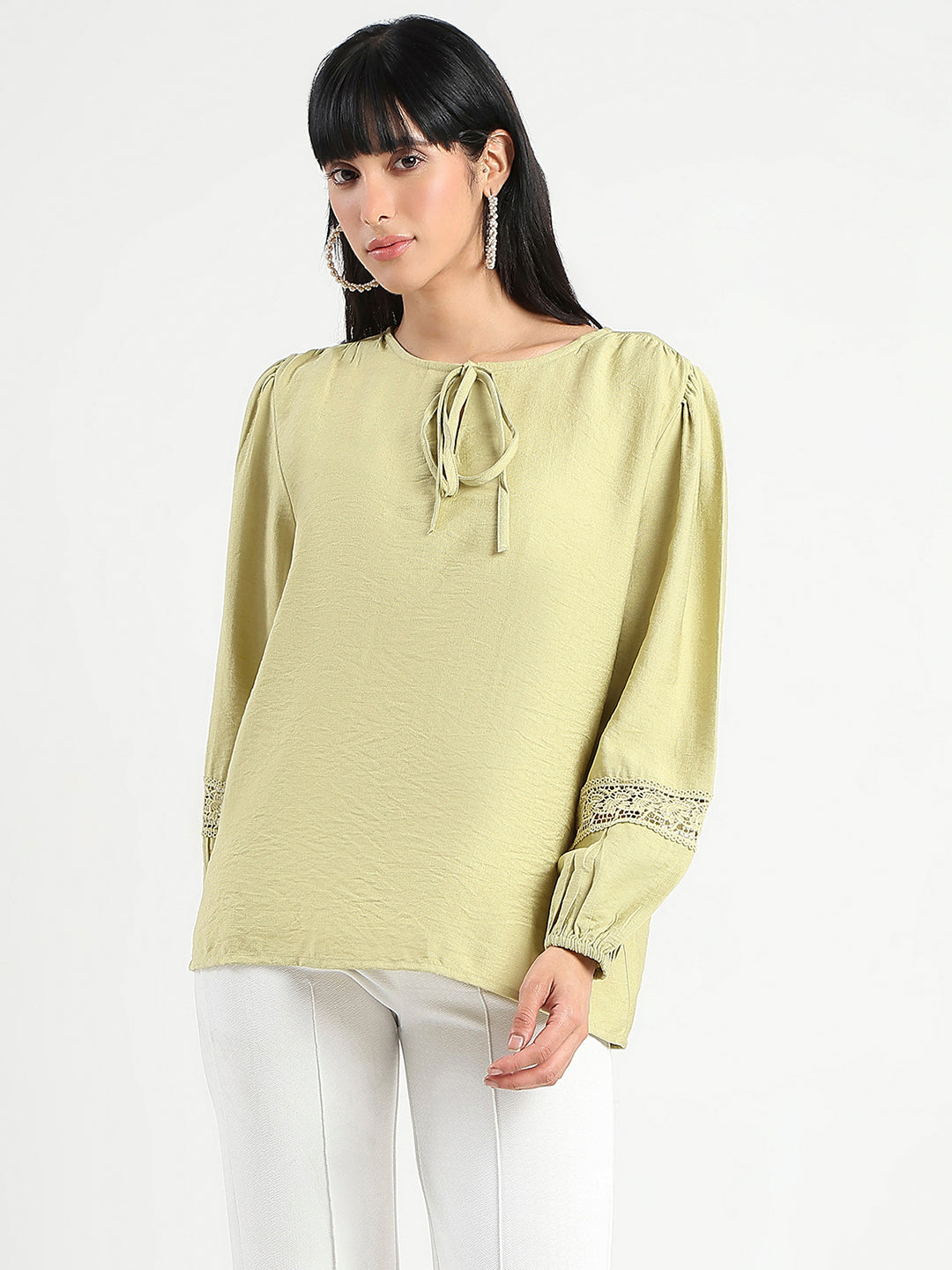 Madame Tie Neck Green Rayon Blend Top