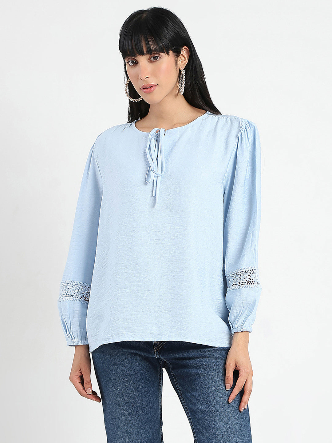 Madame Tie Neck Powder Blue Rayon Blend Top
