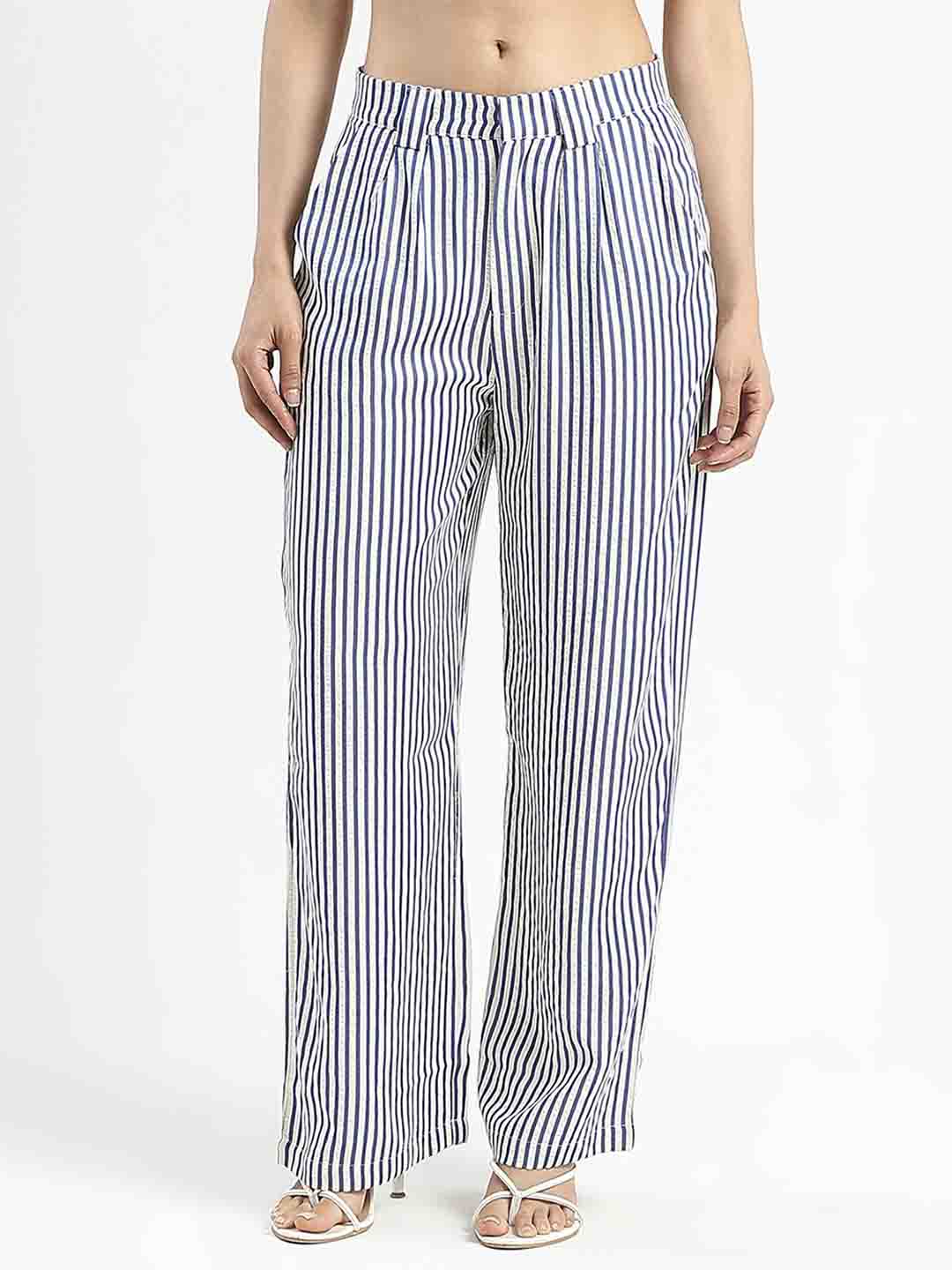 Madame Striped Wide Leg Viscose Blend Navy Blue Trousers
