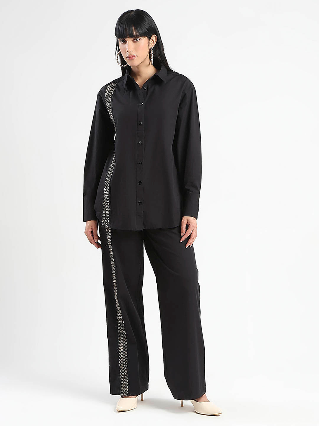 Madame Textured Shirt and Bottoms Black Co-ord Set