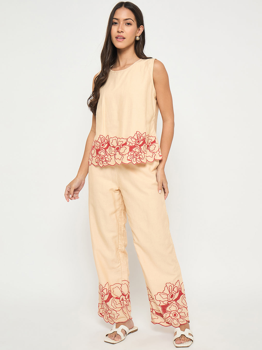 Madame Floral Embroidered Hem Top and Bottom Beige Co-ord Set