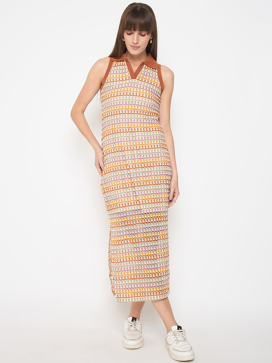 Madame Crochet Striped Side Slit Brown Bodycon Dress