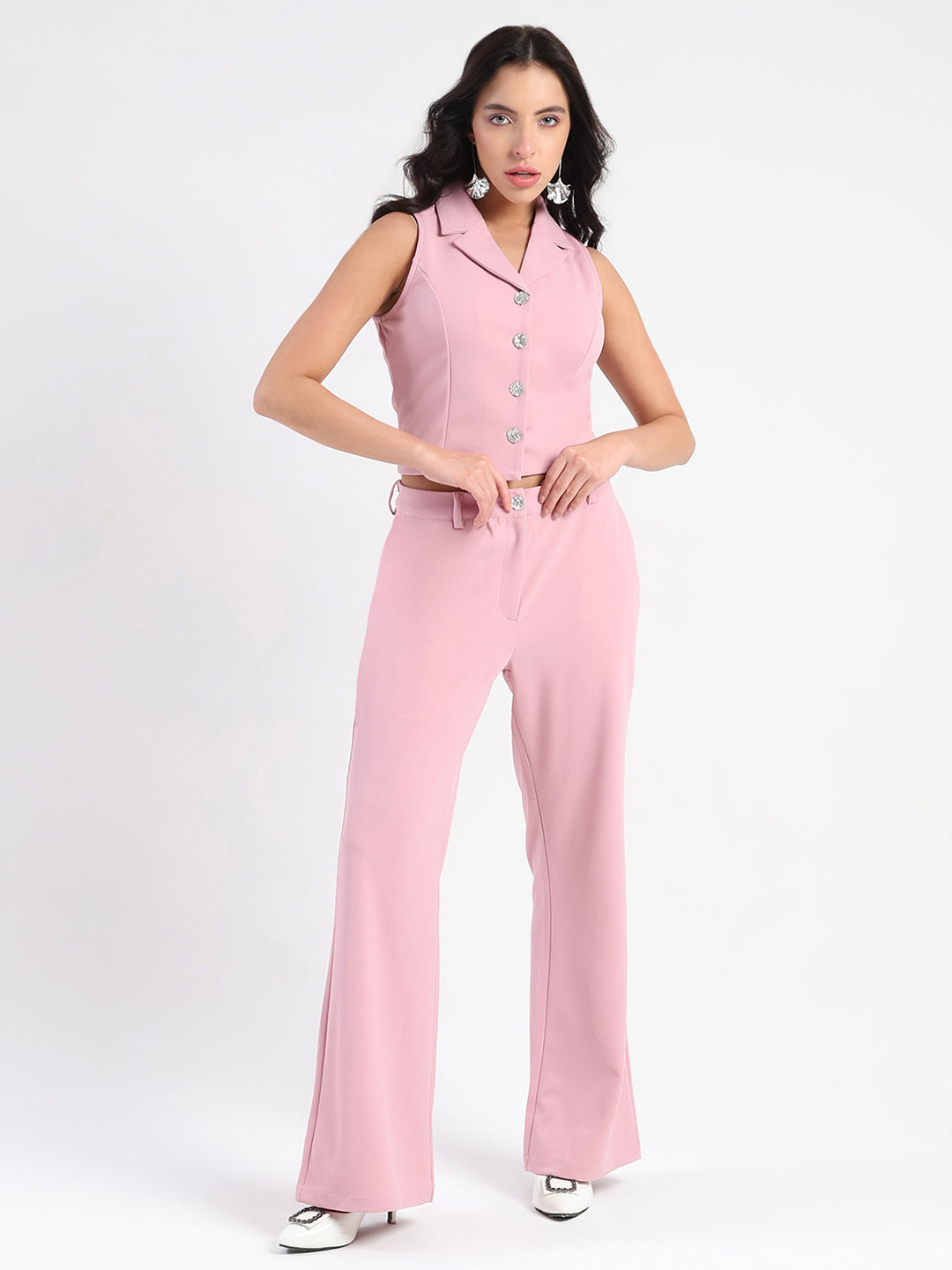 Madame Crop Top and Side Slit Trousers Knit Moss Blush Pink Co-ord Set