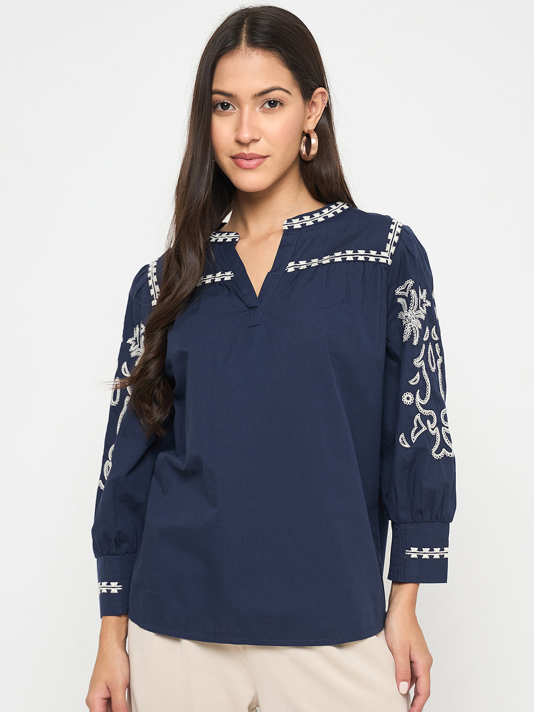 Madame Embroidered Split Crew Neck Navy Blue Cotton Top