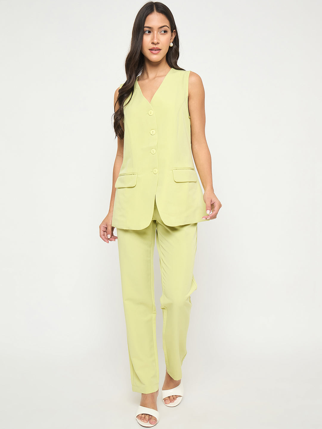Madame Solid Sleeveless Top and Bottoms Lime Green Co-ord Set