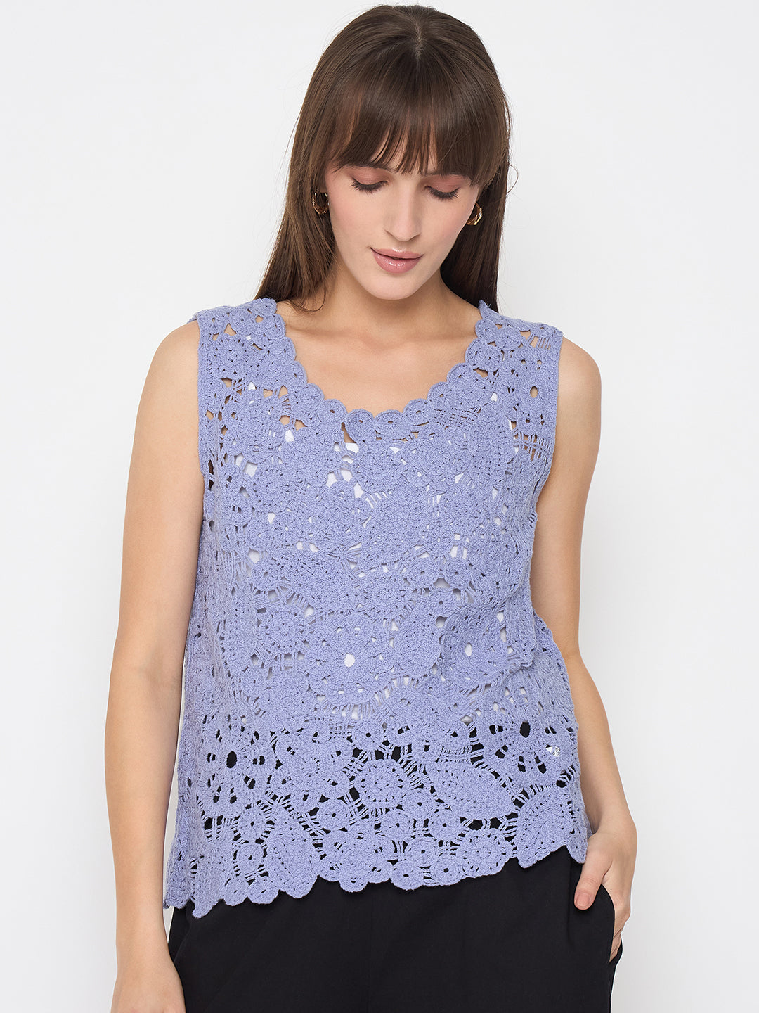 Madame Crochet Sleeveless Solid Powder Blue Top