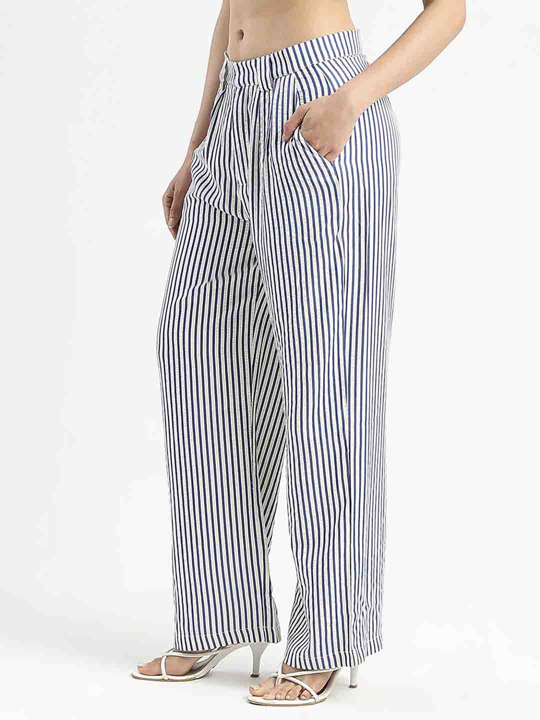 Madame Striped Wide Leg Viscose Blend Navy Blue Trousers