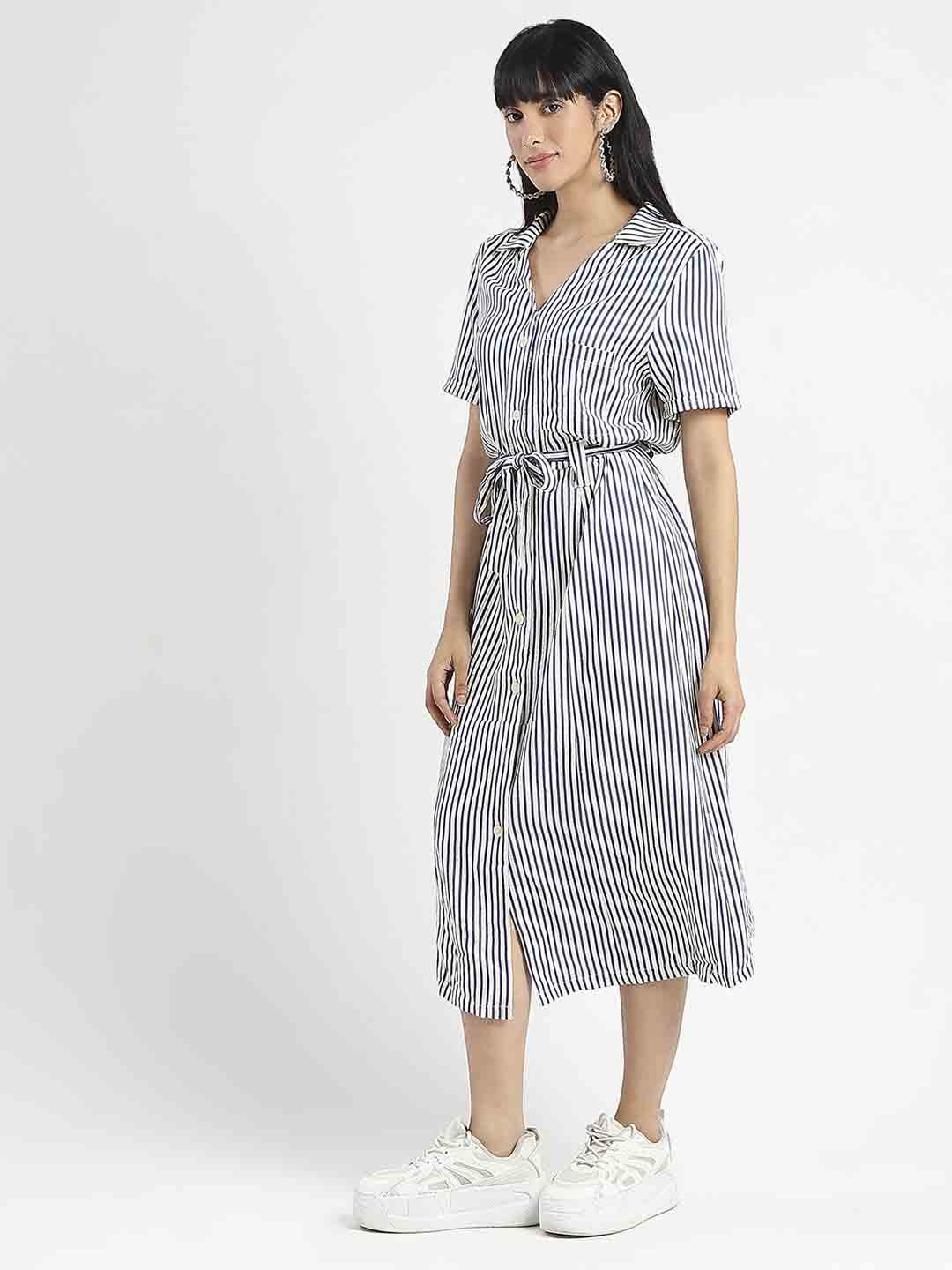 Madame Striped Navy Blue Midi Shirt Dress