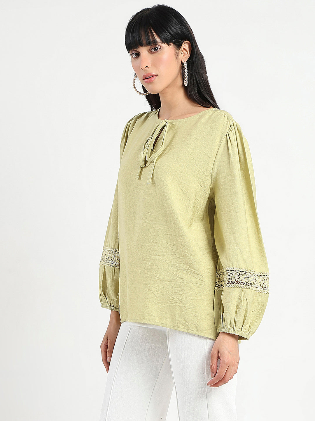 Madame Tie Neck Green Rayon Blend Top