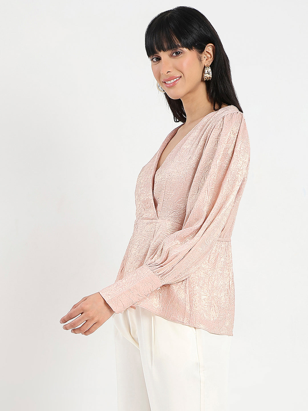 Madame Textured Pleat Detail Cinch Waist Peach Top