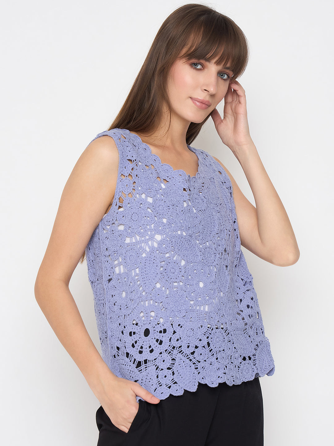 Madame Crochet Sleeveless Solid Powder Blue Top