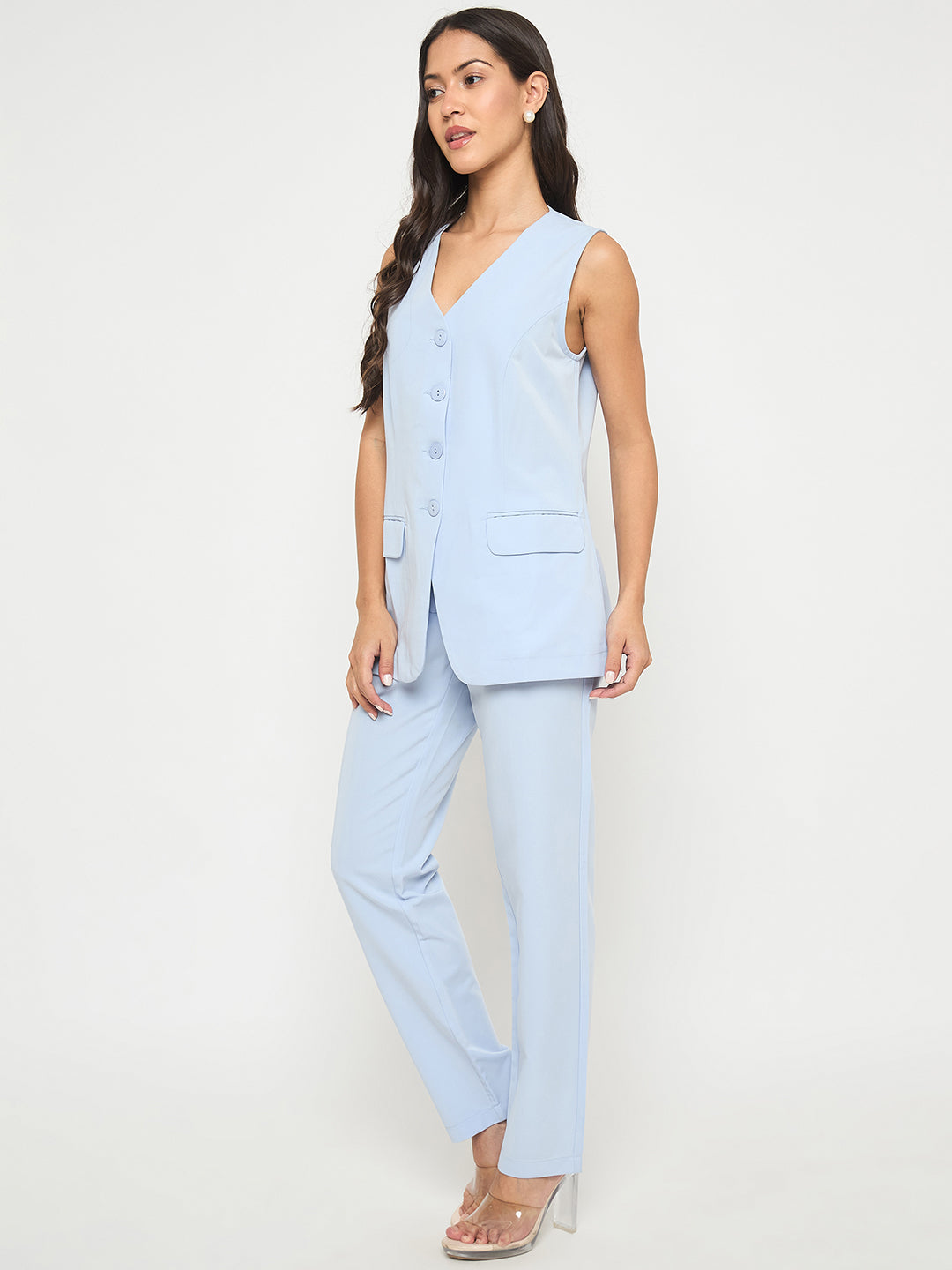 Madame Solid Sleeveless Top and Bottoms Blue Co-ord Set
