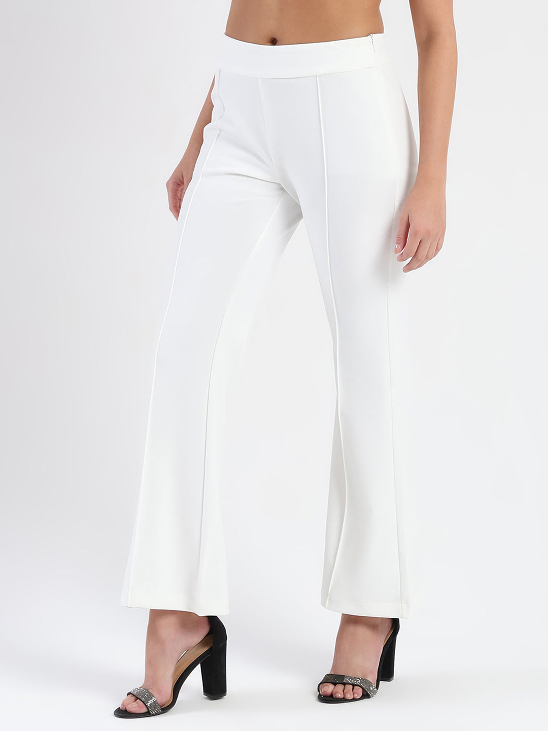 Madame Side Zipper Flared White Knitted Moss Trousers