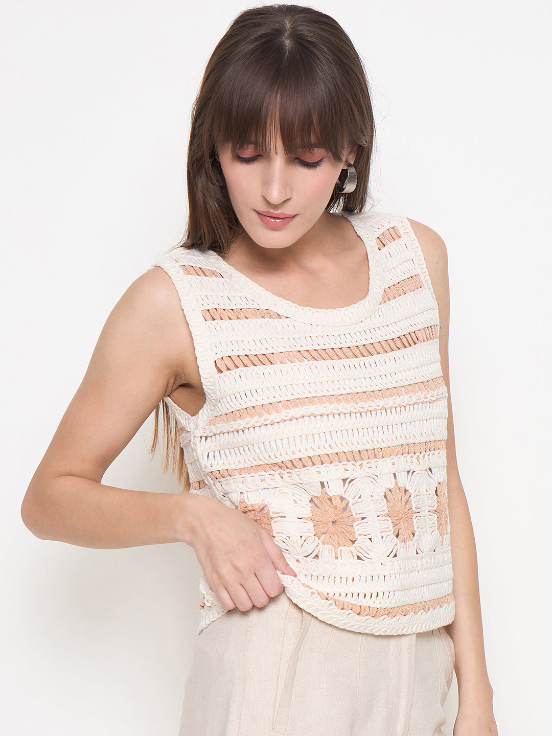 Madame Crochet Sleeveless Solid Beige Cotton Top