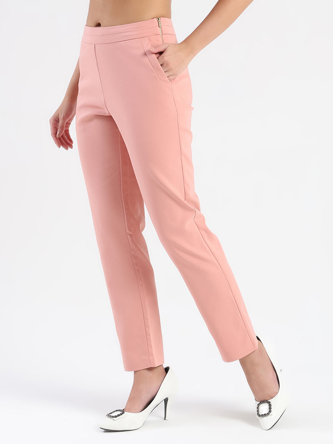 Madame High-Waist Cotton Blend Pink Trousers