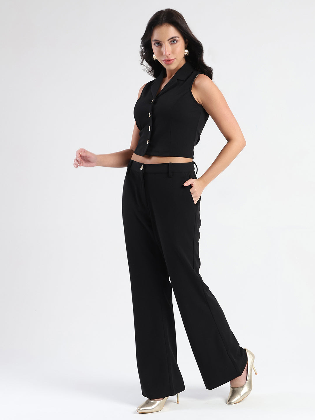 Madame Crop Top and Side Slit Trousers Knit Moss Black Co-ord Set