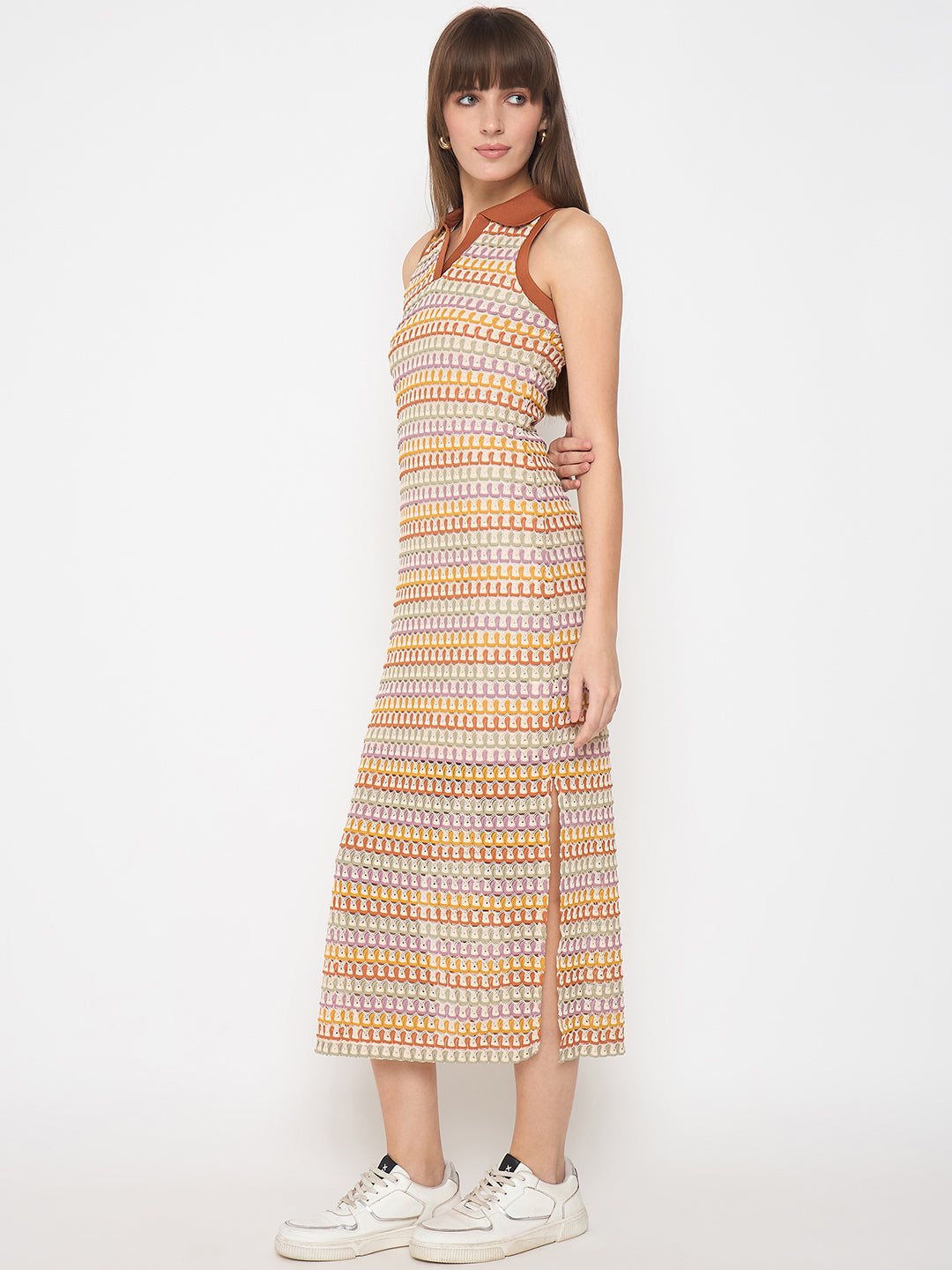 Madame Crochet Striped Side Slit Brown Bodycon Dress