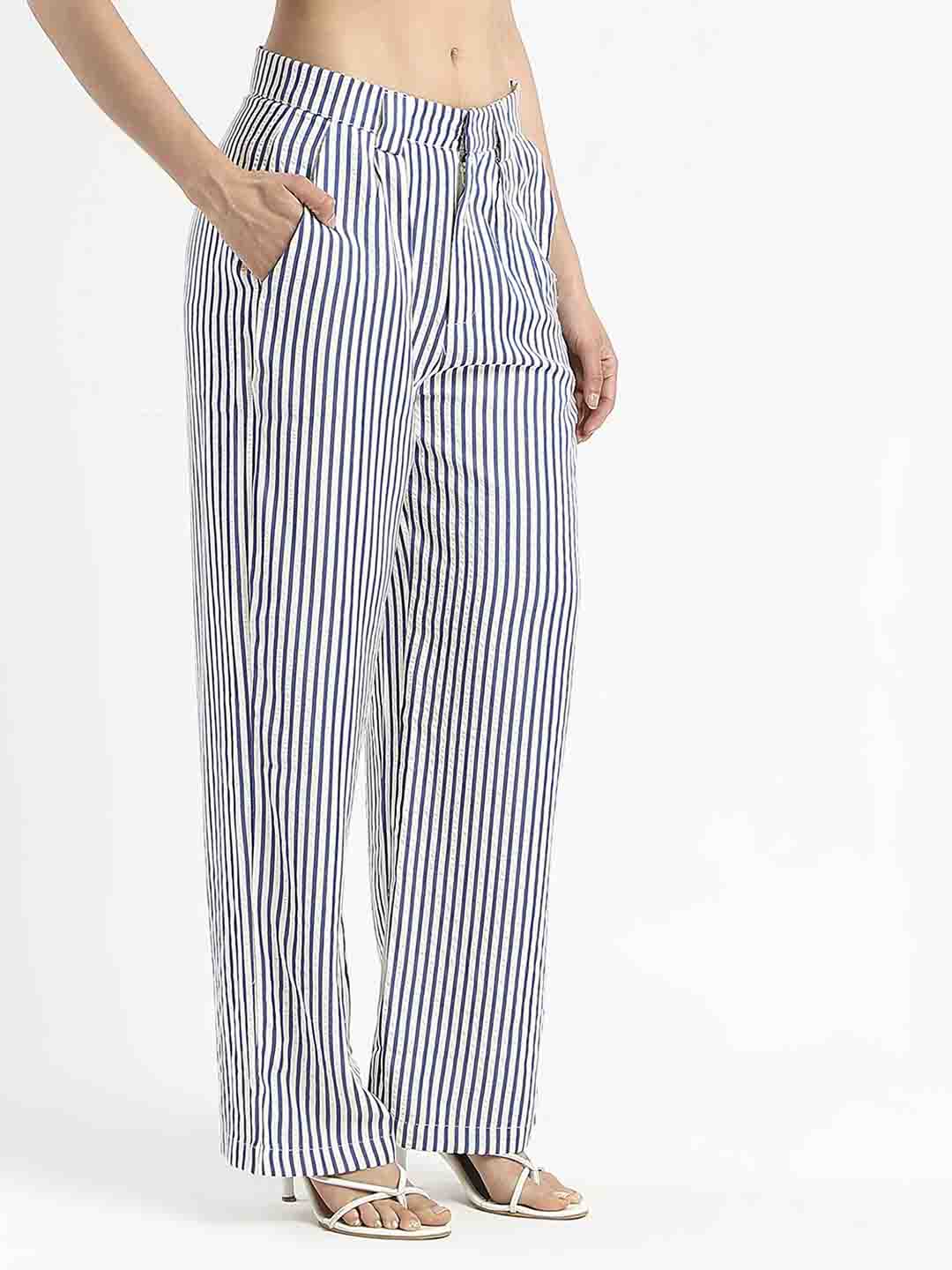 Madame Striped Wide Leg Viscose Blend Navy Blue Trousers