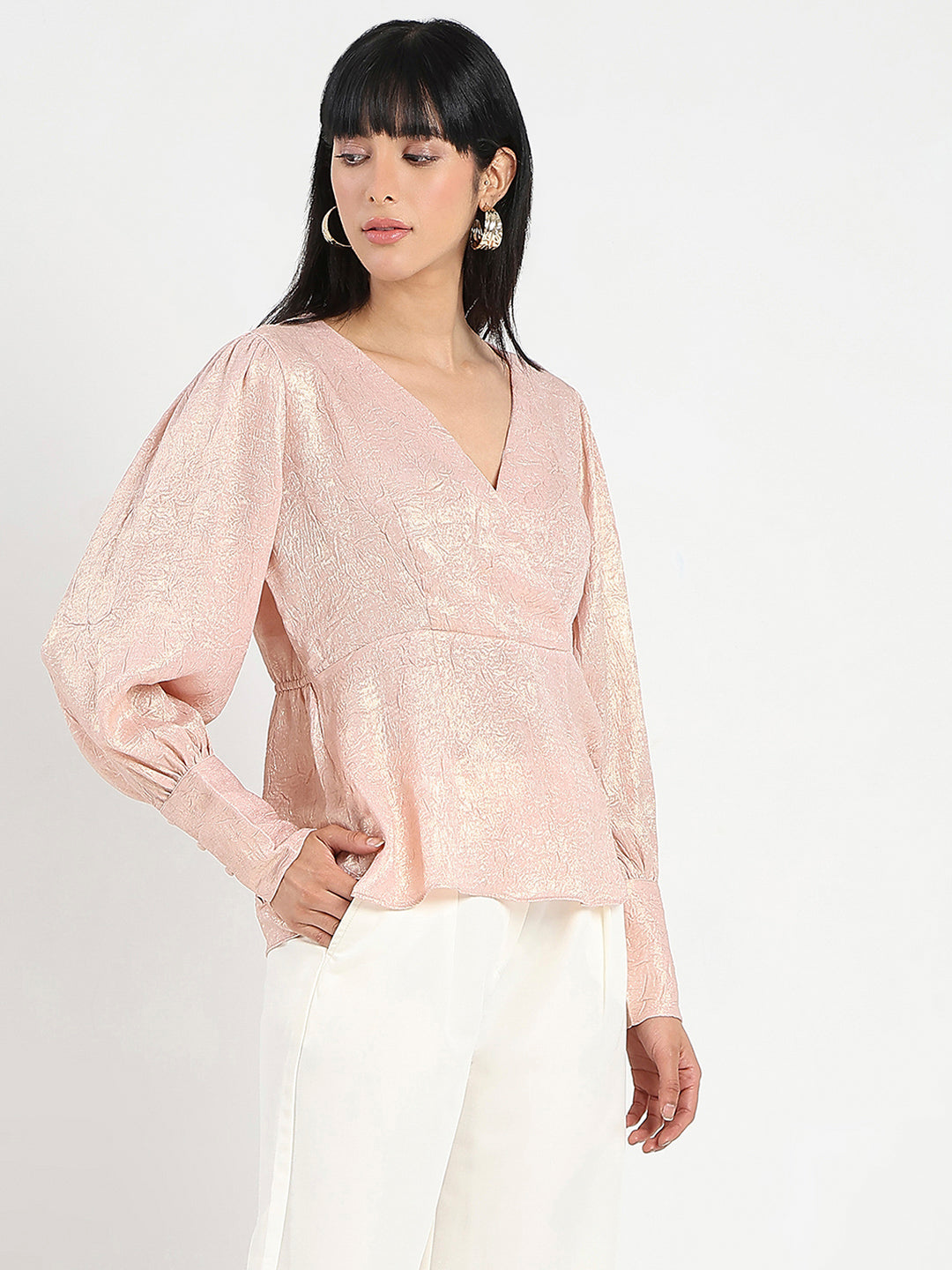 Madame Textured Pleat Detail Cinch Waist Peach Top