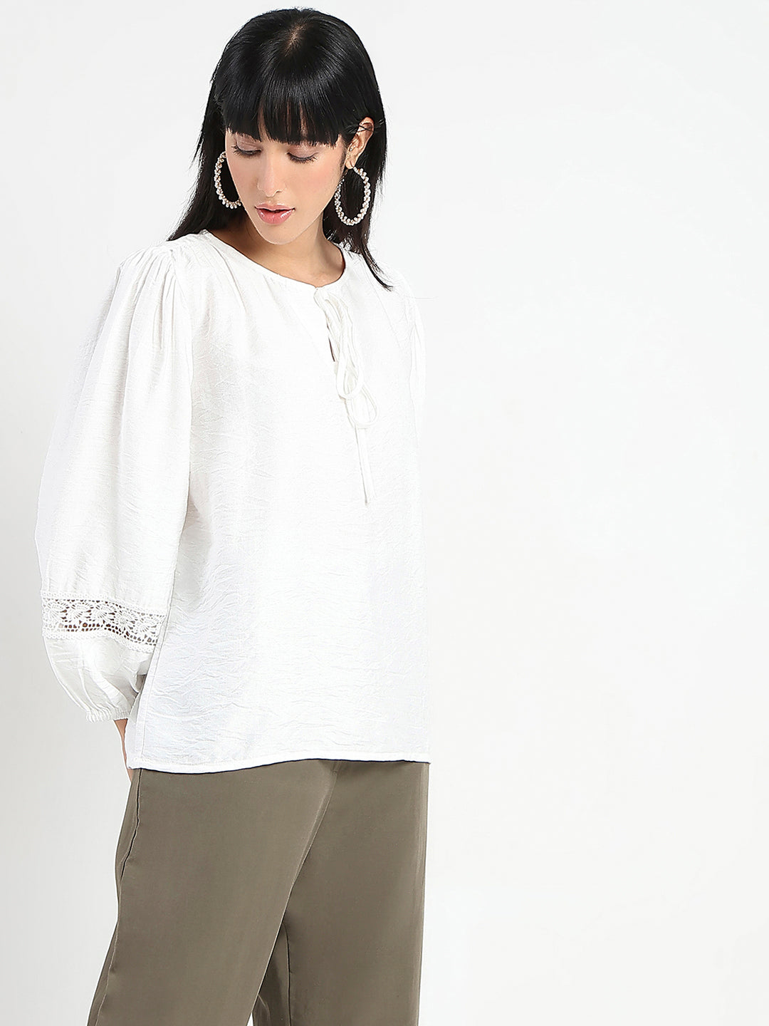Madame Tie Neck Off White Rayon Blend Top