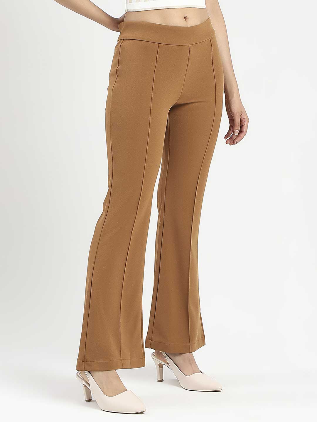 Madame Side Zipper Flared Coffee Brown Knitted Moss Trousers