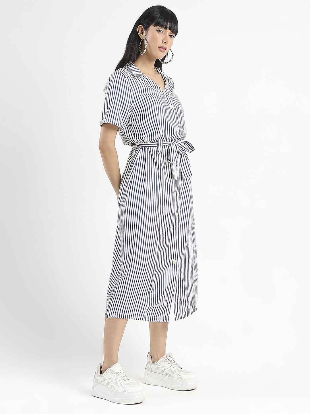 Madame Striped Navy Blue Midi Shirt Dress
