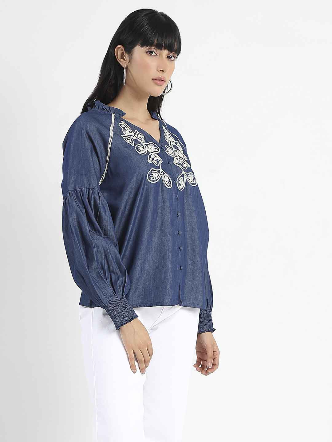 Madame Embroidered Cotton Blend Denim Top
