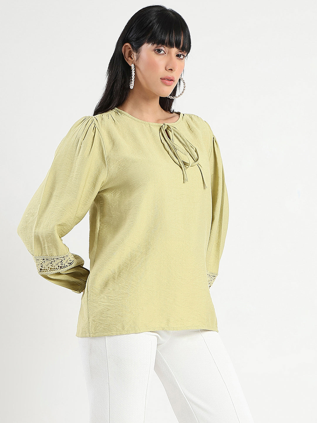 Madame Tie Neck Green Rayon Blend Top