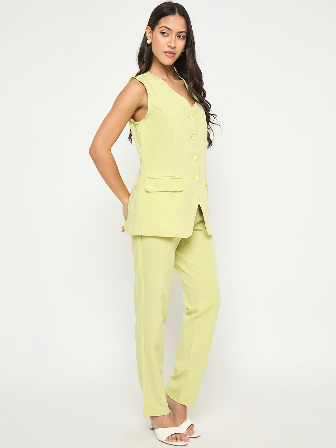 Madame Solid Sleeveless Top and Bottoms Lime Green Co-ord Set