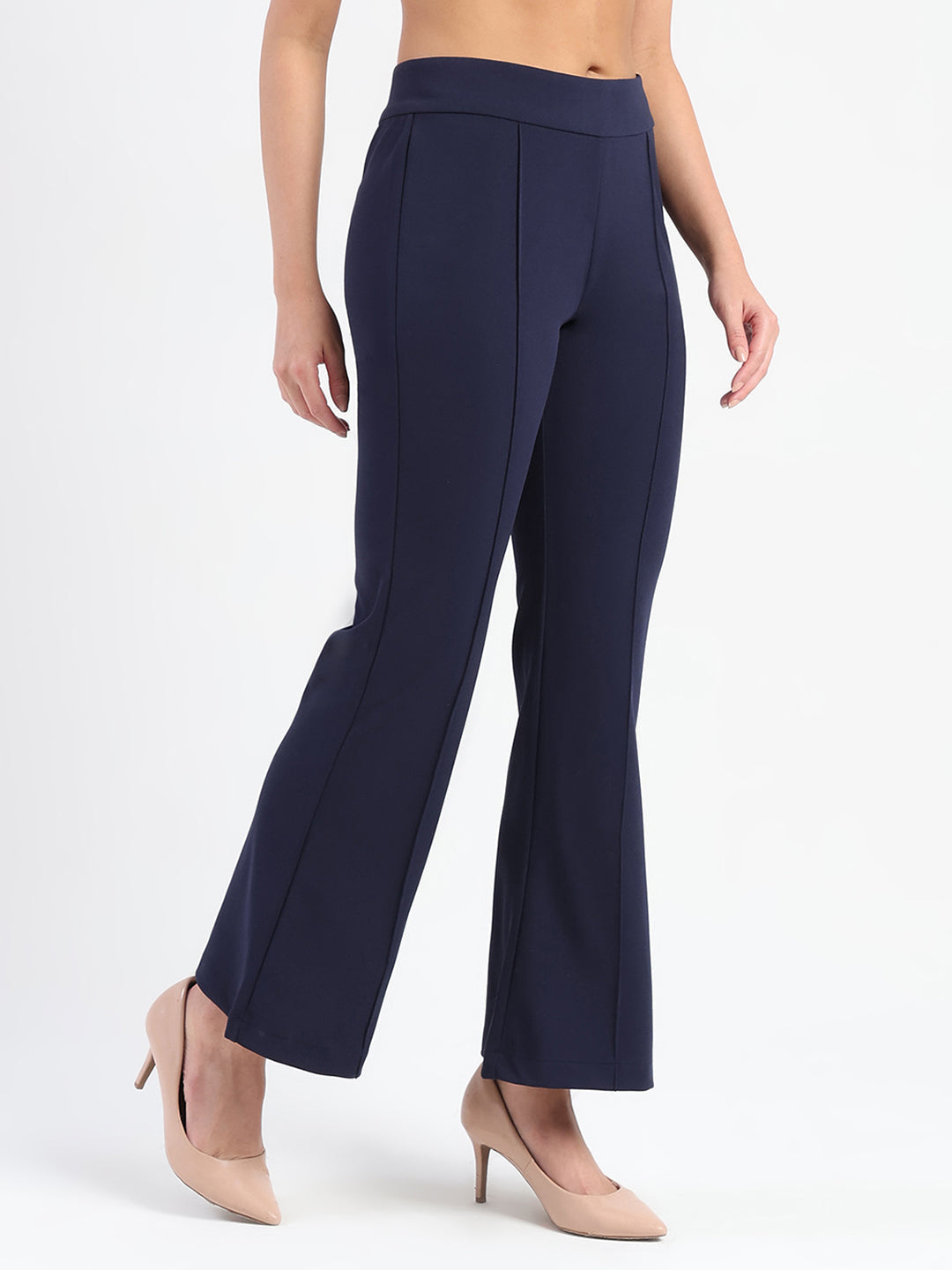 Madame Side Zipper Flared Navy Blue Knitted Moss Trousers