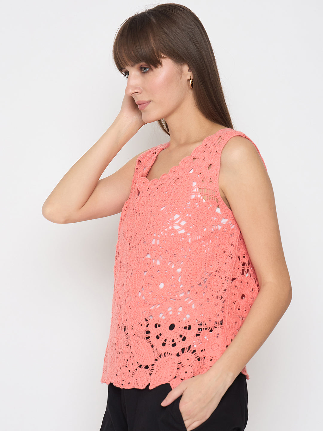 Madame Crochet Sleeveless Solid Coral Top