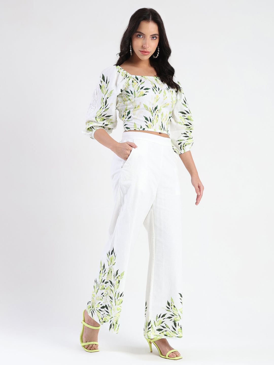 Madame Printed Top and Bottoms Ivory Cotton Blend Co-ord Set