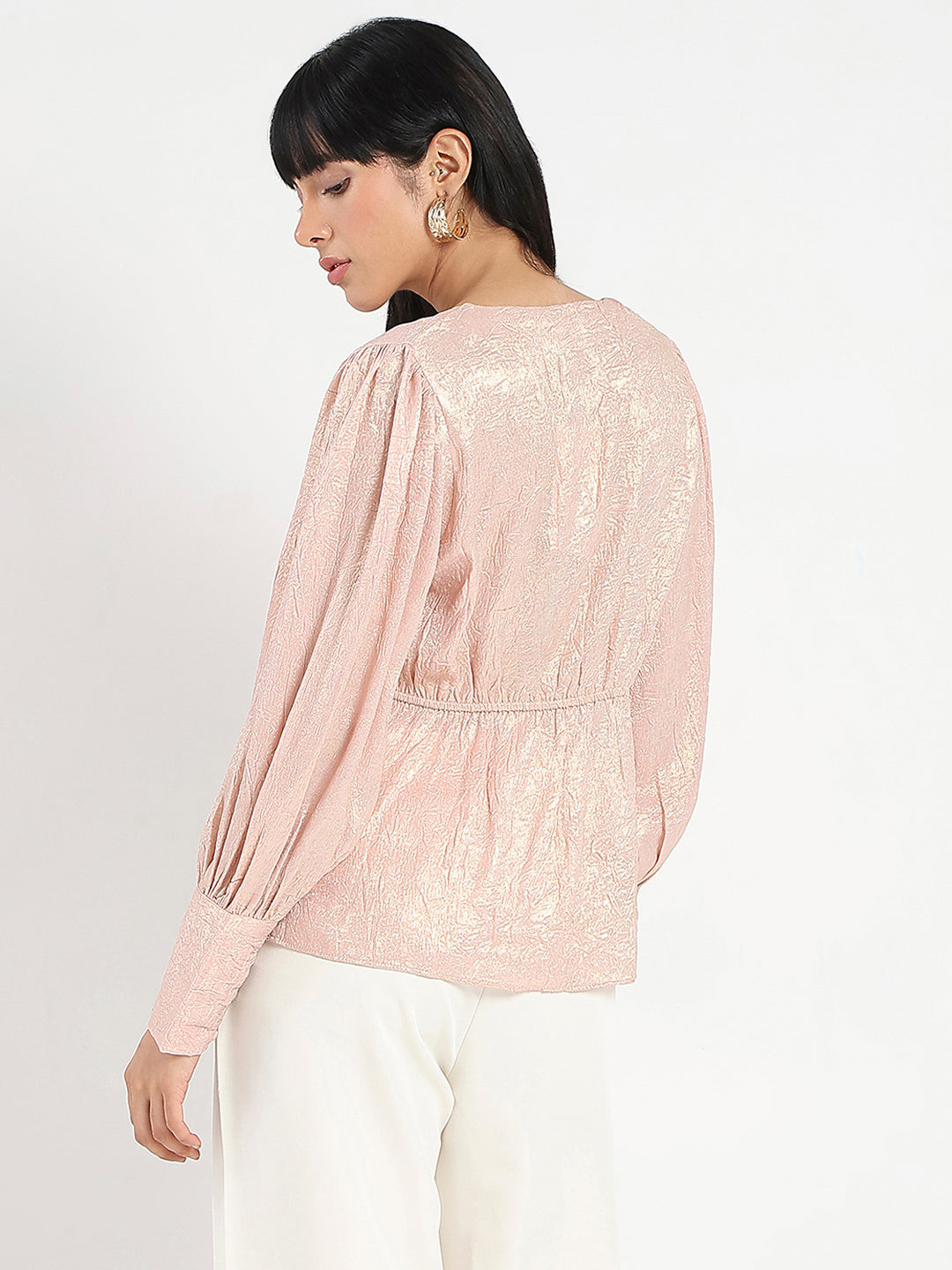 Madame Textured Pleat Detail Cinch Waist Peach Top