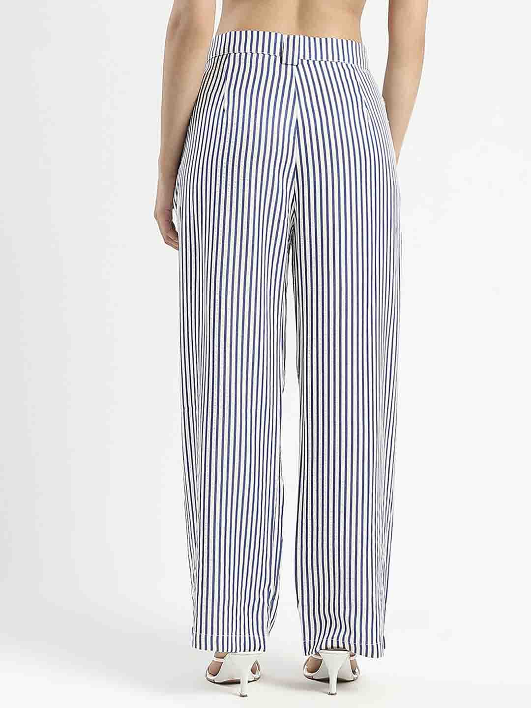 Madame Striped Wide Leg Viscose Blend Navy Blue Trousers