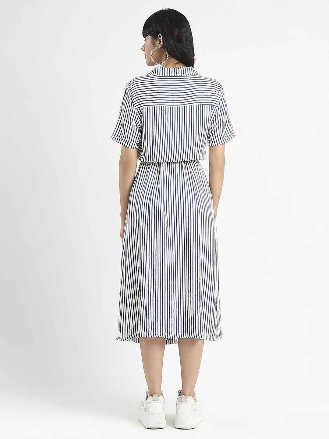Madame Striped Navy Blue Midi Shirt Dress