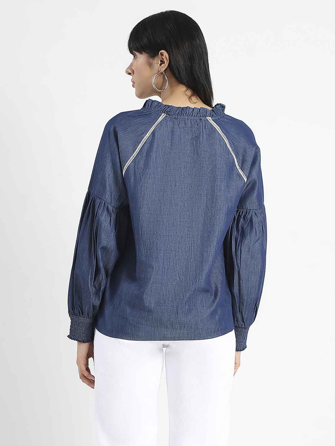 Madame Embroidered Cotton Blend Denim Top