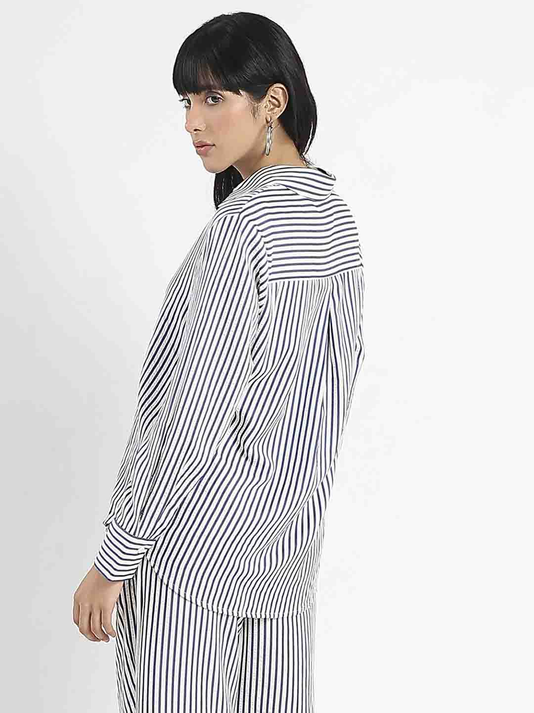 Madame Striped Navy Blue Cotton Blend Shirt