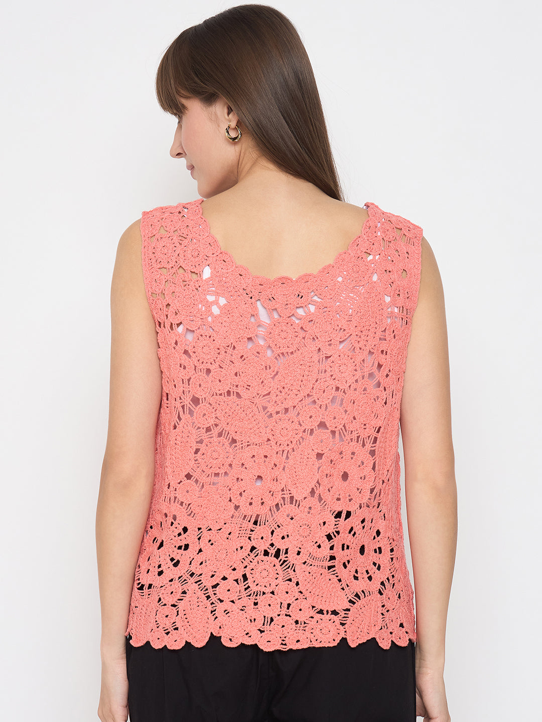 Madame Crochet Sleeveless Solid Coral Top