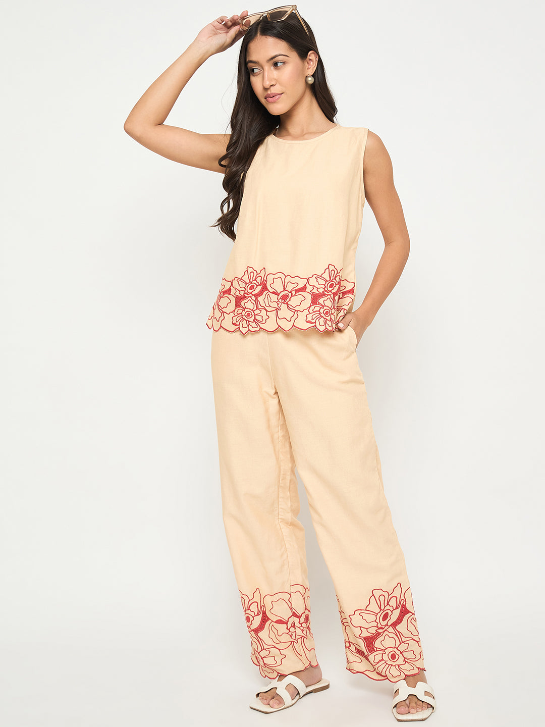 Madame Floral Embroidered Hem Top and Bottom Beige Co-ord Set