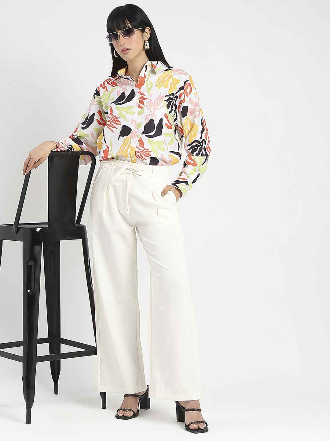 Madame Drawstring Waist Straight Fit Ivory Trousers