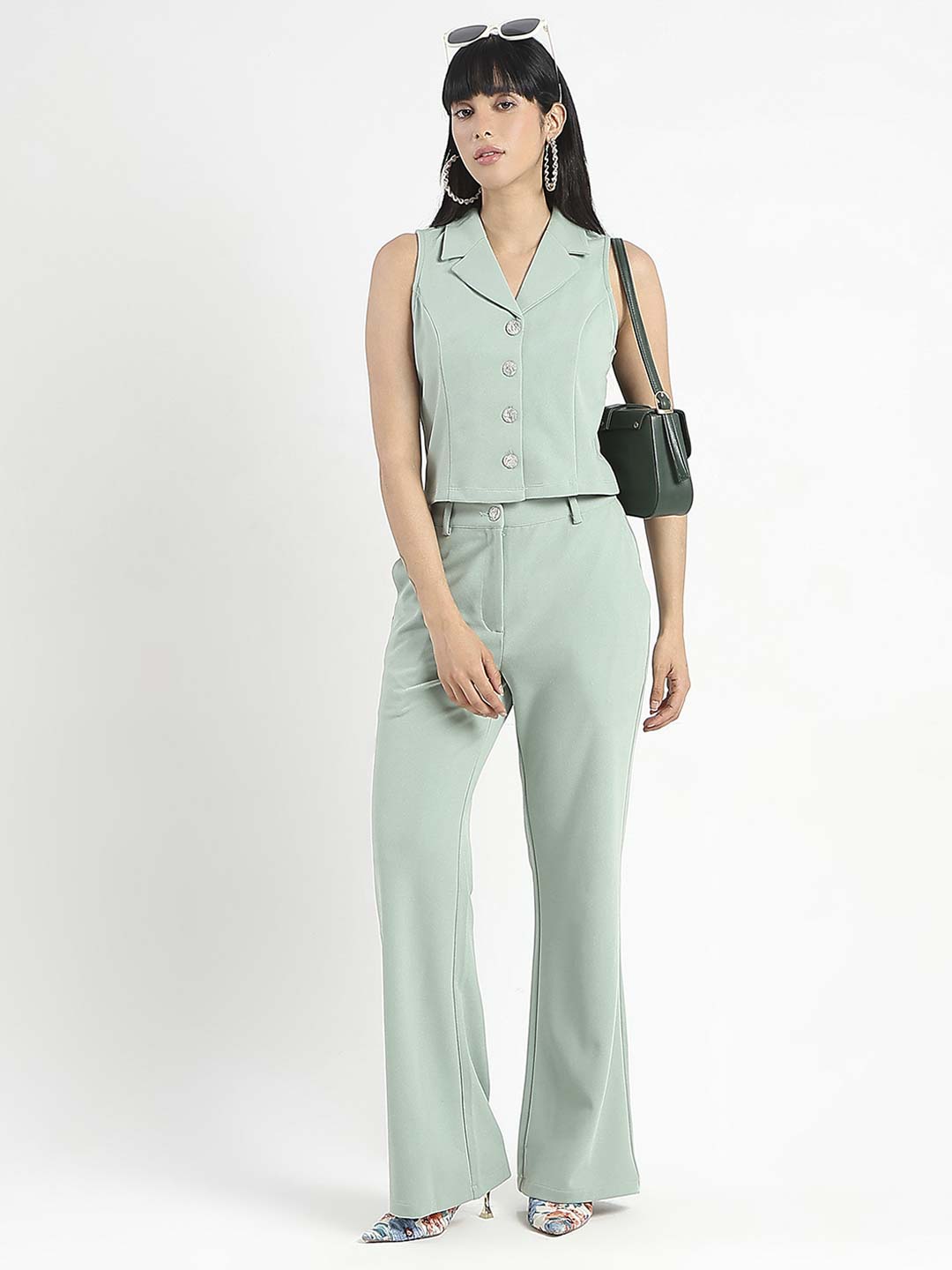 Madame Crop Top and Side Slit Trousers Knit Moss Olive Green Co-ord Set