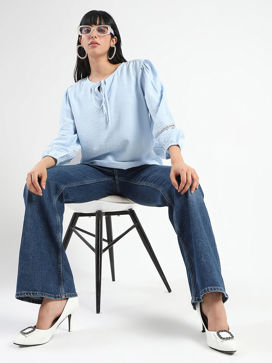 Madame Tie Neck Powder Blue Rayon Blend Top