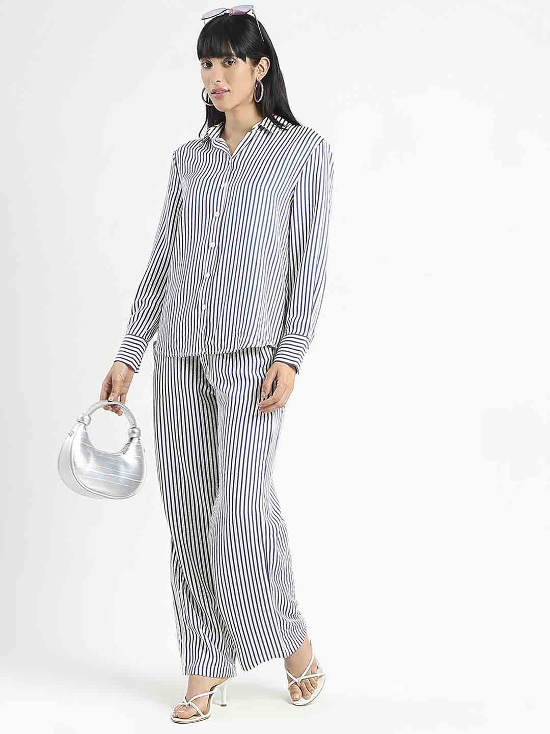 Madame Striped Wide Leg Viscose Blend Navy Blue Trousers
