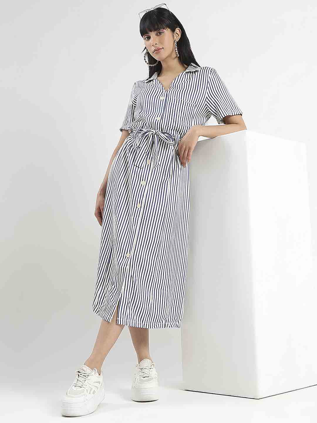 Madame Striped Navy Blue Midi Shirt Dress