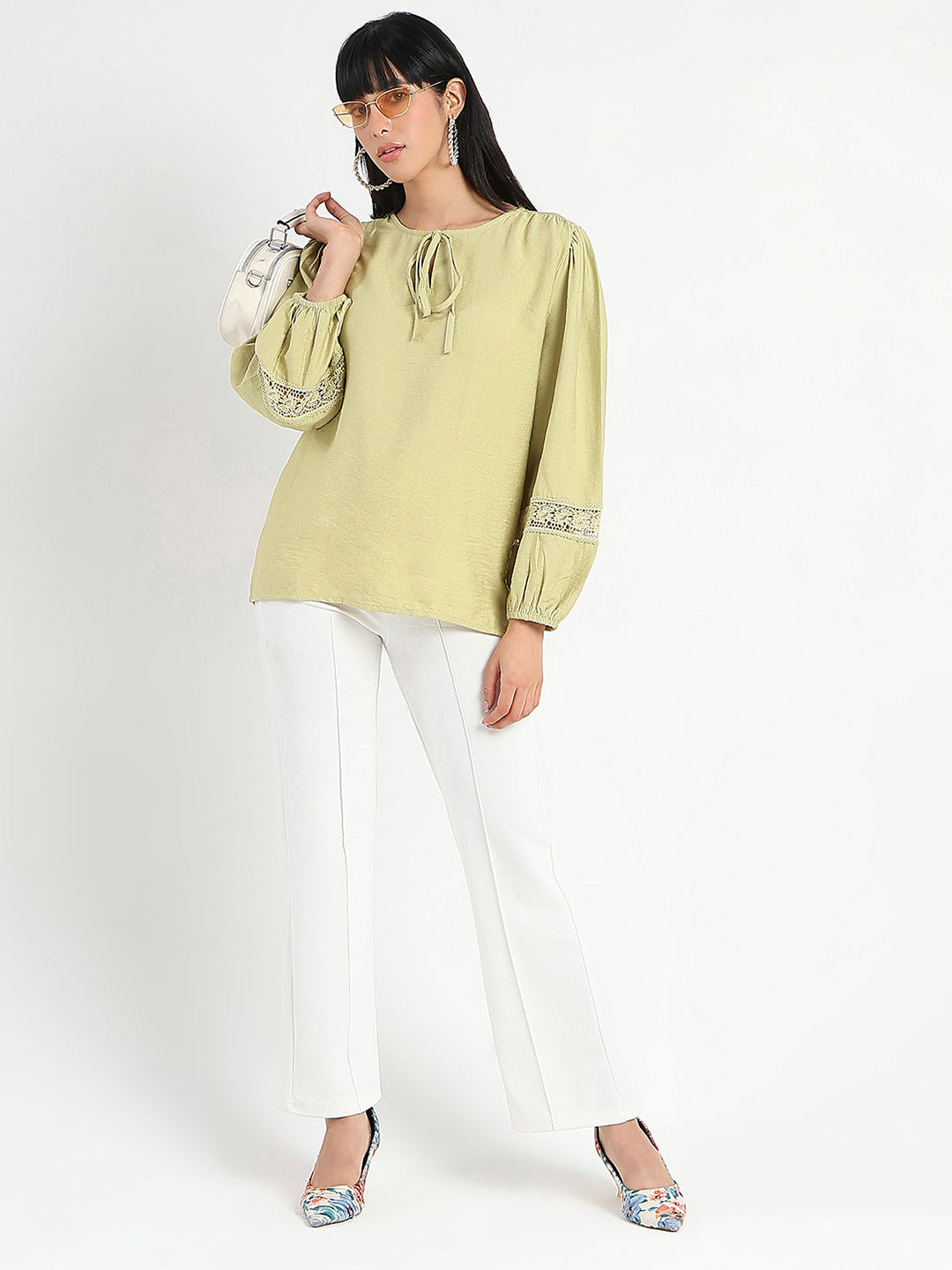 Madame Tie Neck Green Rayon Blend Top