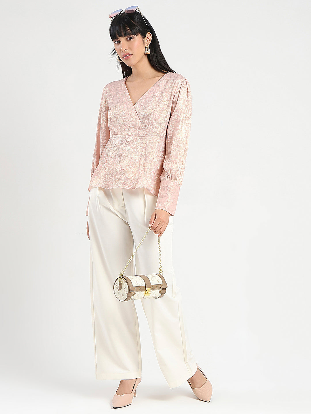 Madame Textured Pleat Detail Cinch Waist Peach Top
