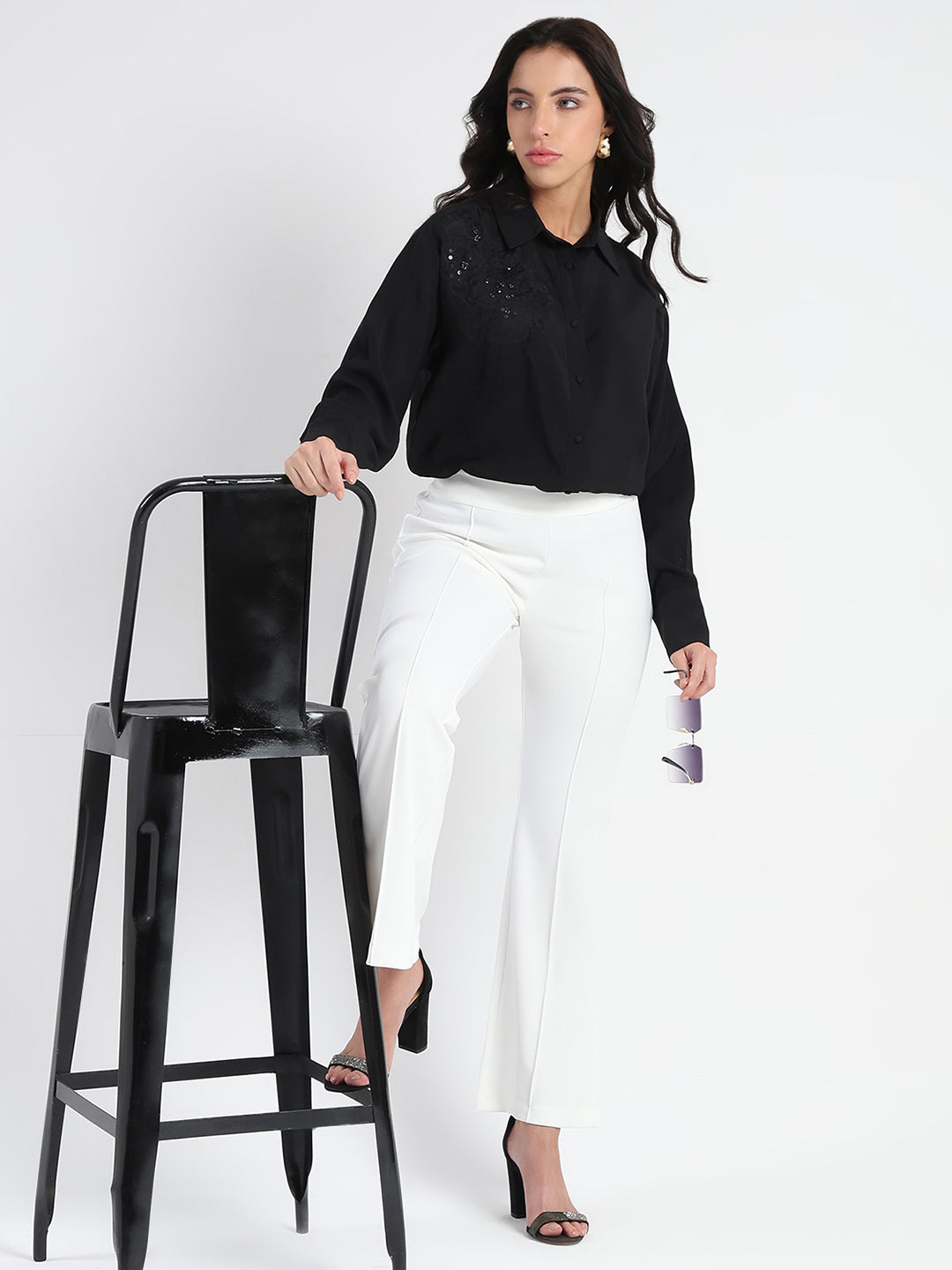Madame Side Zipper Flared White Knitted Moss Trousers