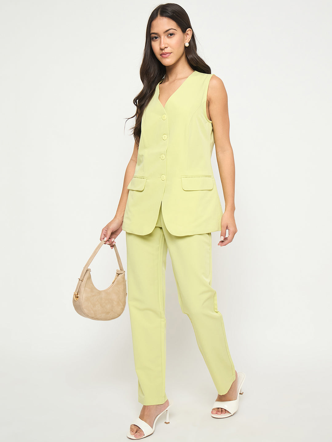 Madame Solid Sleeveless Top and Bottoms Lime Green Co-ord Set